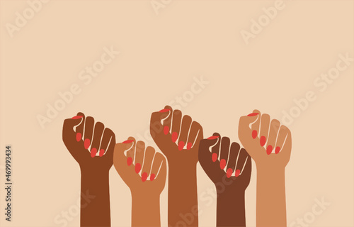 women female empowerment, black fist people, brown power, black history month, feminine, feminist pride, hands raised, retro graphic design, gender equality issue strong women, girl power vector print © lyonstock