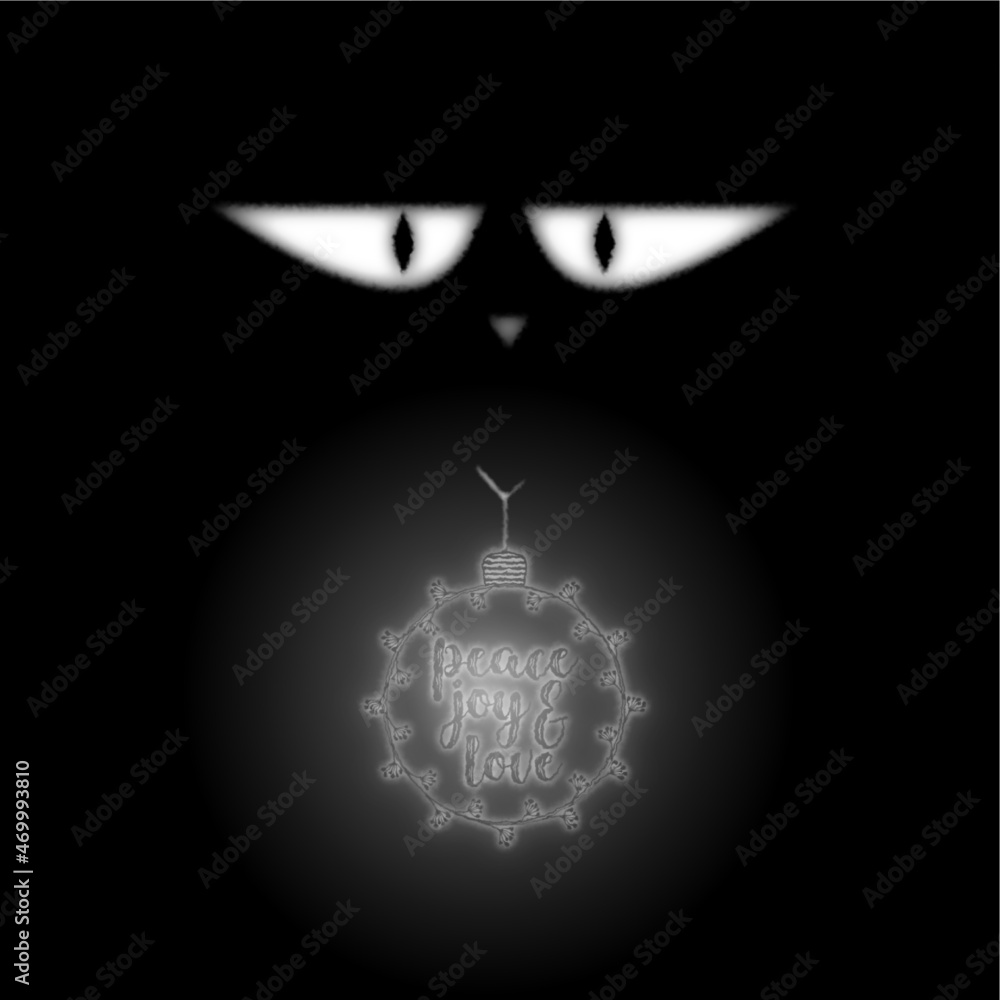 greeting card with black cat and the words peace joy and love. greeting card with black cat and the words peace joy and love.