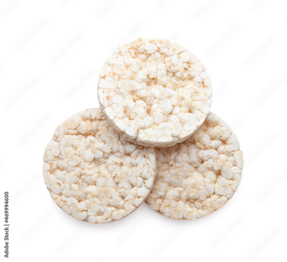 Puffed rice cakes isolated on white background. Healthy crunchy snack. Wholegrain crisp bread Puffed rice cakes isolated on white background. Healthy crunchy snack. Wholegrain crisp bread