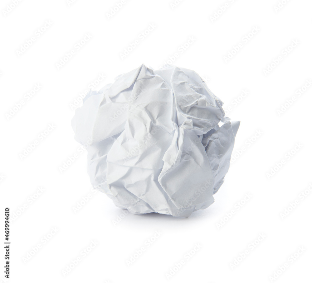 Paper ball isolated on white background. Crumpled paper, closeup view