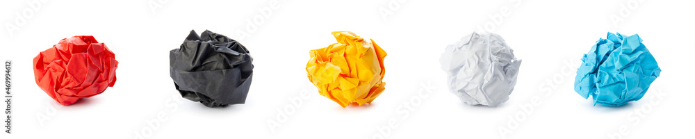 Set of paper balls isolated on white background. Crumpled paper, closeup view Set of paper balls isolated on white background. Crumpled paper, closeup view