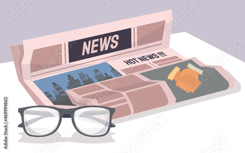 Paper publication with fresh news. Publishing article, newspaper about business, city life near glasses. Newspaper with hot news headline. Paper country affairs morning report vector illustration