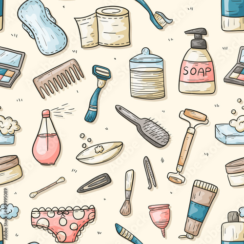 Seamless doodle pattern with outline hygiene and beauty items.