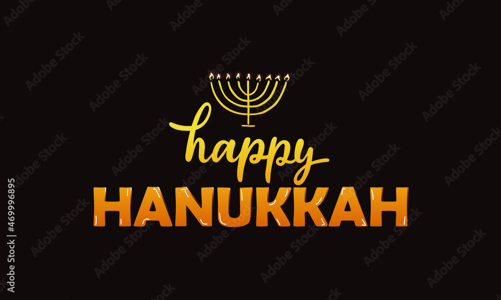 Naklejka premium Happy Hanukkah handwritten text of golden textured letters on dark background. Modern brush calligraphy. Hand lettering, vector illustration for Jewish holiday as greeting card, invitation, poster