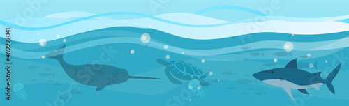 Underwater landscape with sea creatures. Large predatory marine mammals, killer whale and narwhal in ocean. Fish and marine life swimming in salty sea water. Whales and fishes, aquatic world