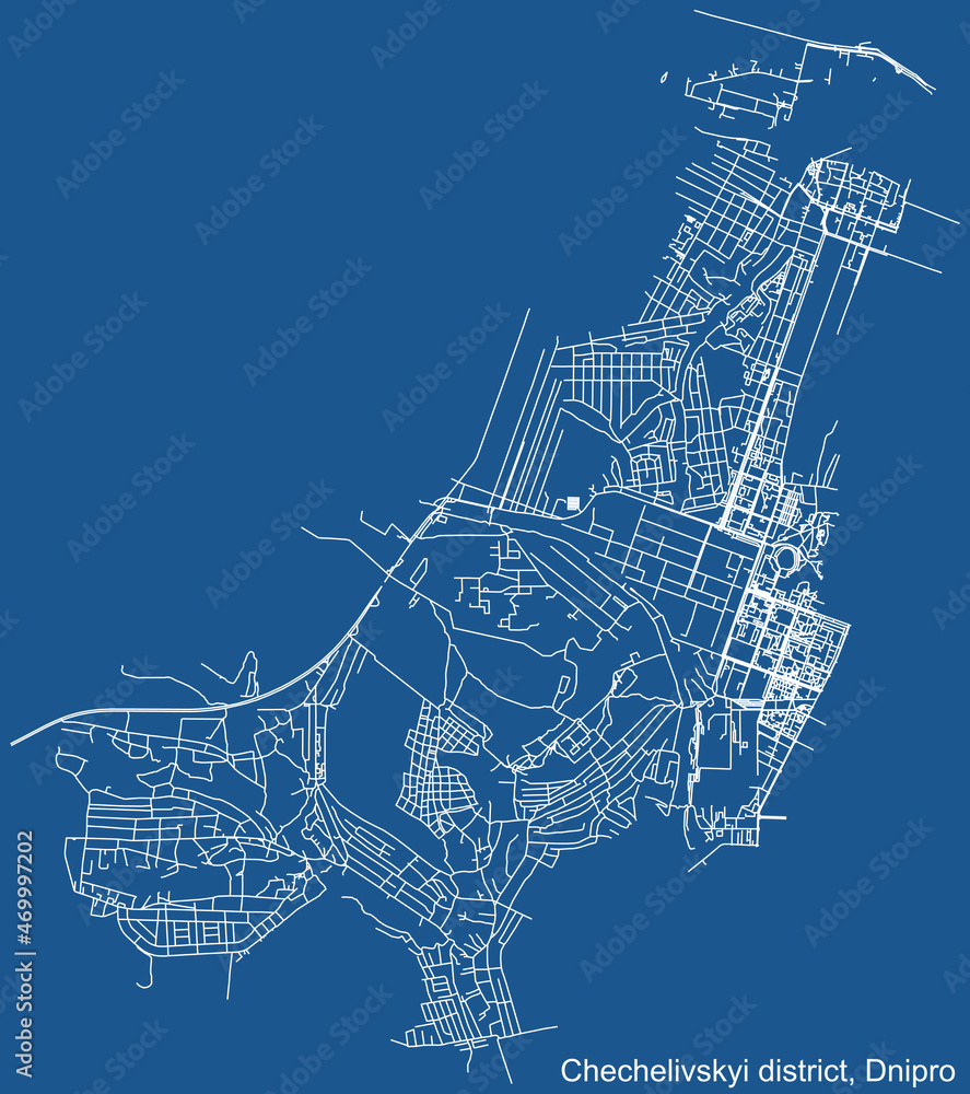 Detailed technical drawing navigation urban street roads map on blue background of the quarter Chechelivskyi District of the Ukrainian regional capital city of Dnipro (Dnepropetrovsk), Ukraine