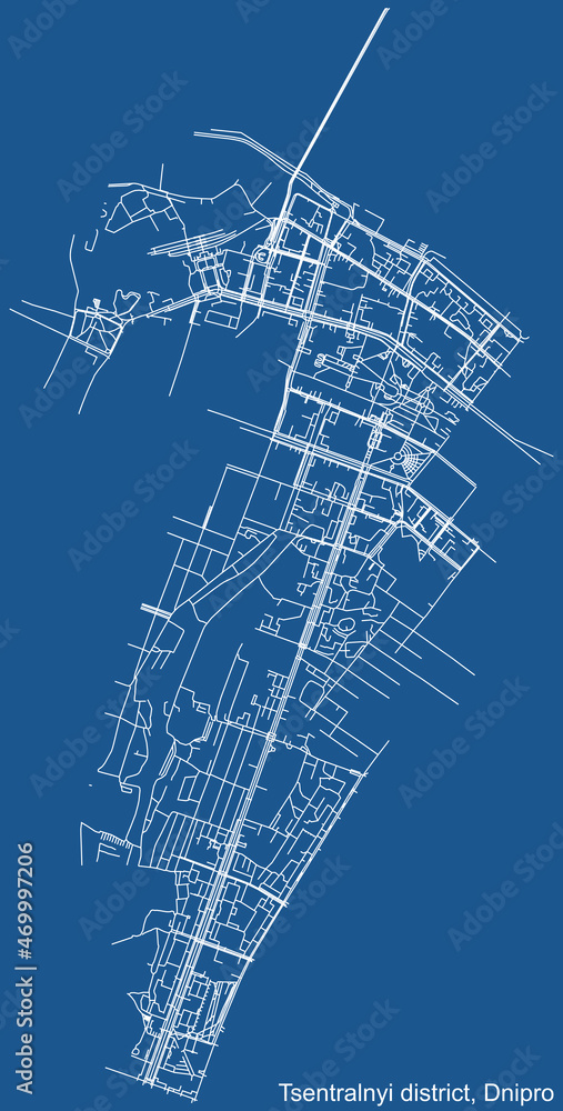 Detailed technical drawing navigation urban street roads map on blue background of the quarter Tsentralnyi District of the Ukrainian regional capital city of Dnipro (Dnepropetrovsk), Ukraine