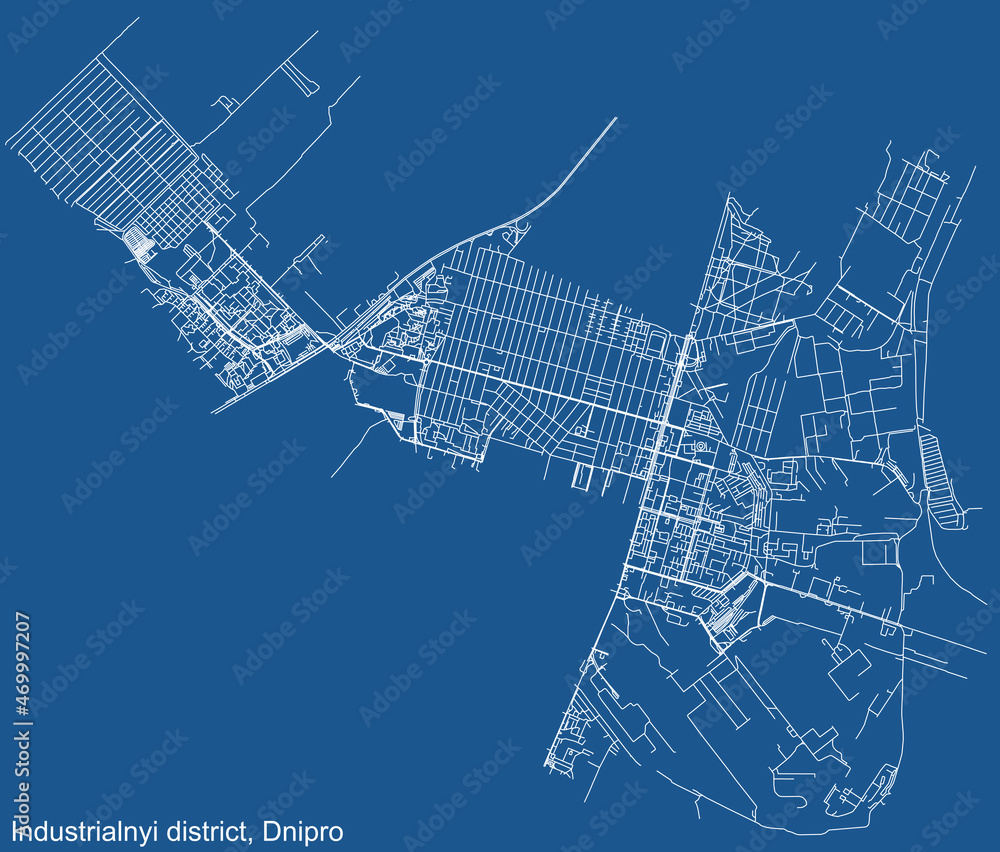 Detailed technical drawing navigation urban street roads map on blue background of the quarter Industrialnyi District of the Ukrainian regional capital city of Dnipro (Dnepropetrovsk), Ukraine