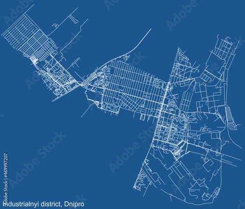 Detailed technical drawing navigation urban street roads map on blue background of the quarter Industrialnyi District of the Ukrainian regional capital city of Dnipro (Dnepropetrovsk), Ukraine