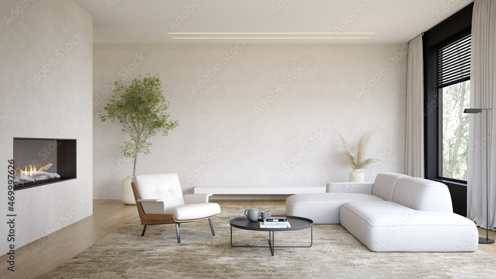 Fototapeta premium Interior of modern living room with fireplace 3D rendering