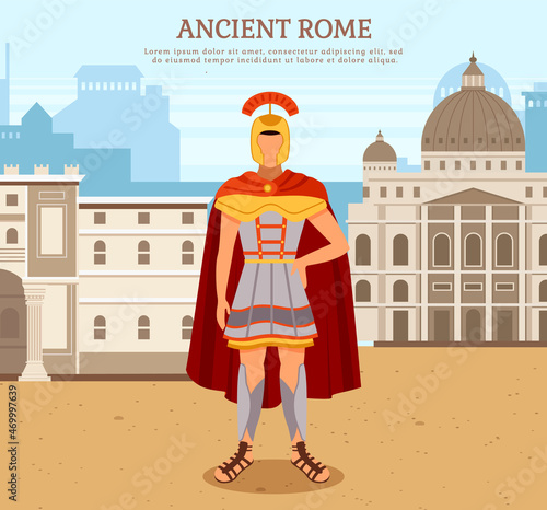 Ancient warrior gladiator near roman building in city square, antique culture vector poster. Italian landmark, old construction, legionary. Traditional historical character and landscape ancient times