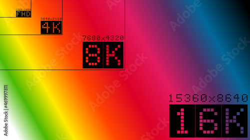 New TV color checking image. Ultra high 16k resolution infographics comparison. 8k 4k 2h 1k FULLHD television sizes. ABstract colorful vector background 