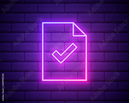 Glowing neon line Exam sheet with check mark icon isolated on brick wall background. Test paper, exam, or survey concept. School test or exam. Vector Illustration