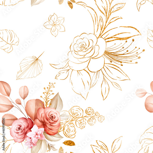 Gold floral seamless pattern of brown watercolor roses and wild flowers arrangements on white background for fashion, print, textile, fabric, and card background