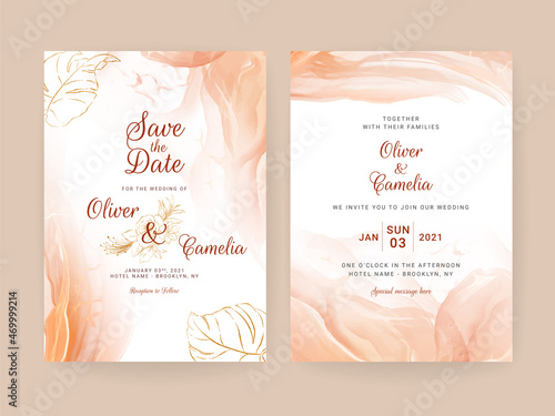 Gold wedding invitation card template set with line floral decoration. Abstract background save the date, invitation, greeting card, multi-purpose vector
