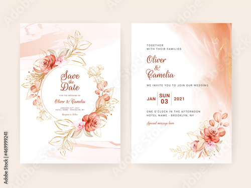 Gold wedding invitation card template set with line floral decoration. Abstract background save the date, invitation, greeting card, multi-purpose vector