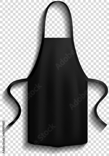 Black apron isolated on background. Clothes for work in kitchen, protective element of clothing for cooking. Dark chef clothing with long straps. Apron for cooking in kitchen and protection of clothes