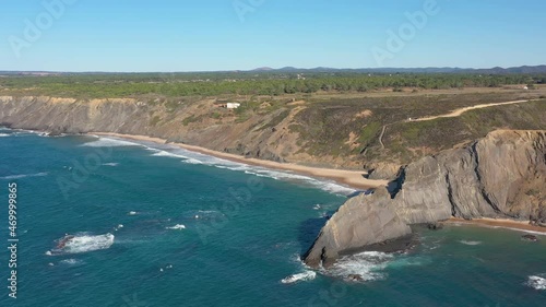 Aerial view of the Portuguese mountain coastline, Vicentina. Aljezur village, beach Vale dos Homens. Sagres