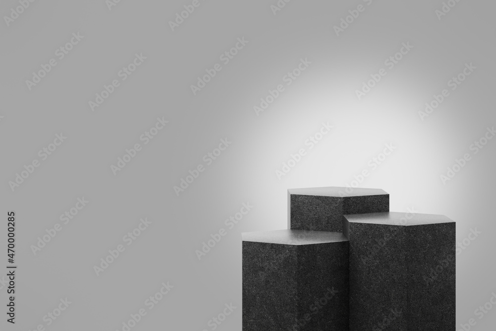Hexagon block step black terrazzo podium with colored background in luxury studio scene. Modern showroom interior 3d rendering image for product display.