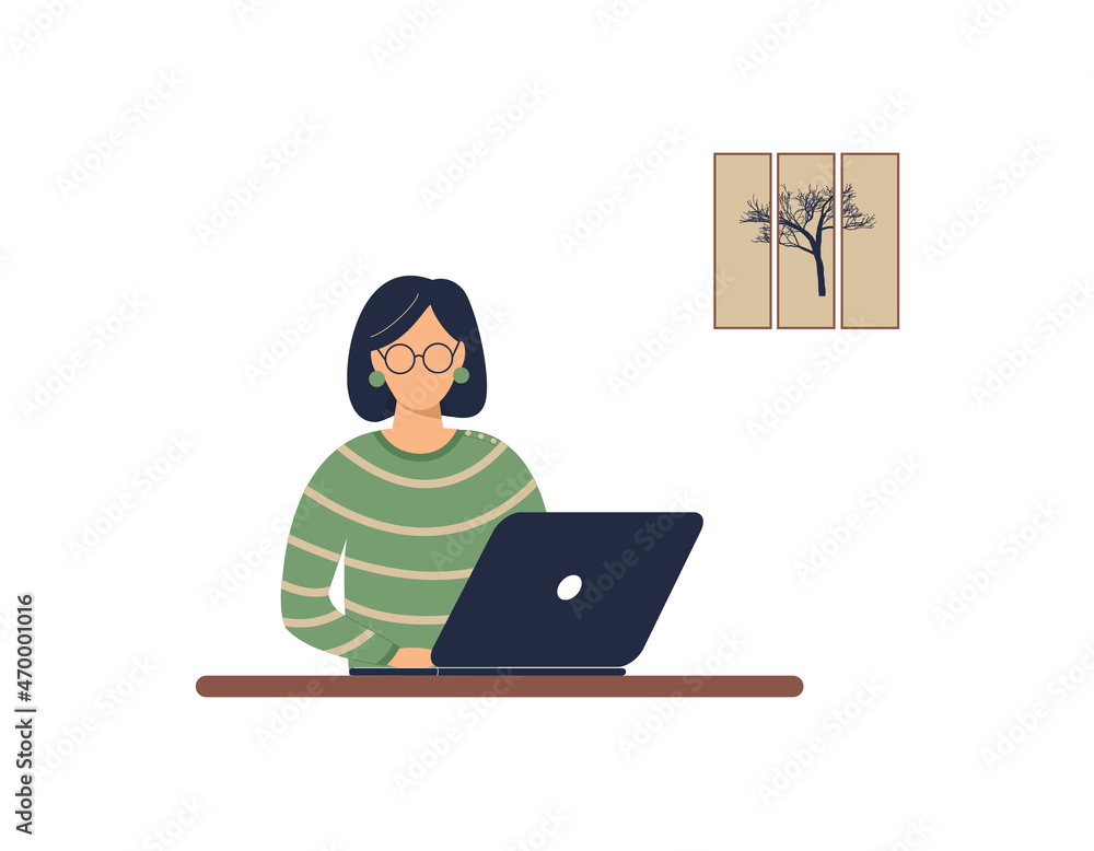 Woman tutor work on laptop. Concept of remote work, distance learning or online training during the virus epidemic.Cute lady trainer or coach conduct webinar or workshop.Raster colourful illustration Woman tutor work on laptop. Concept of remote work, distance learning or online training during the virus epidemic.Cute lady trainer or coach conduct webinar or workshop.Raster colourful illustration