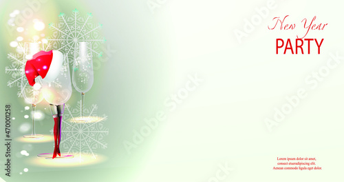 new year party poster or invitation templates.
Elegant christmas invitation with 3D realistic champagne glasses and santa claus hat