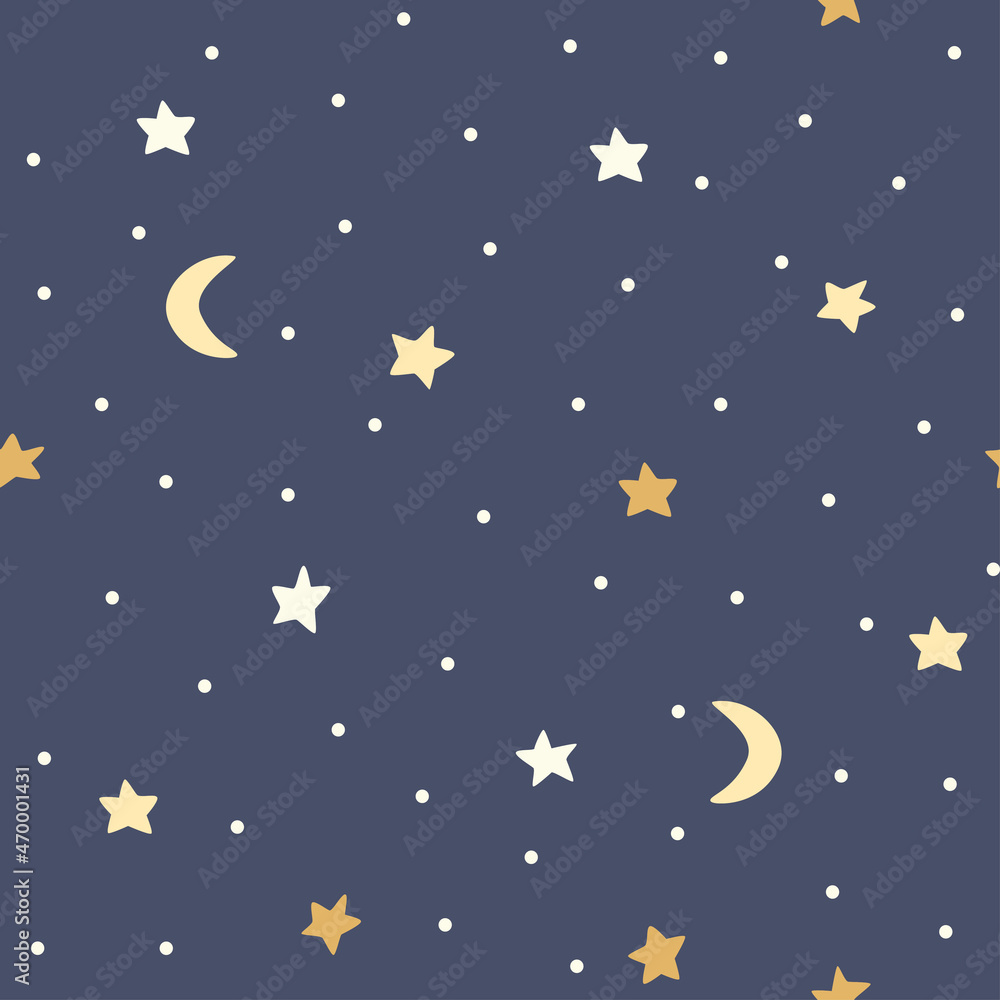 Naklejka premium Night sky with stars and the moon in cartoon style. Seamless pattern.