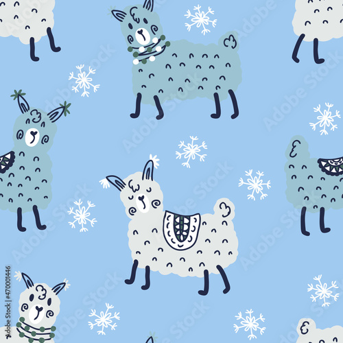 Hand drawn winter seamless pattern of lamas and snowflakes. Perfect for T-shirt, textile and print. Doodle vector illustration for decor and design.
