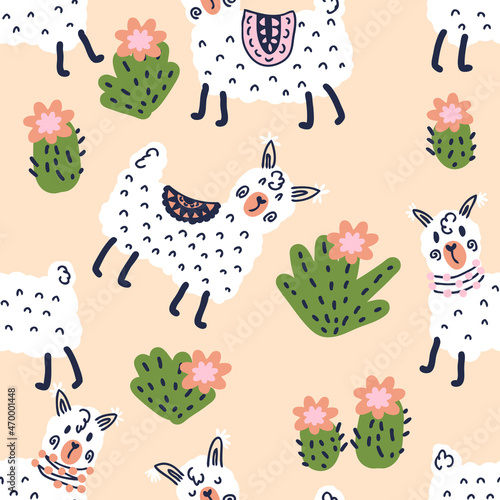 Doodle spring seamless pattern of alpacas and blooming cactuses. Perfect for T-shirt, textile and print. Hand drawn vector illustration for decor and design.
