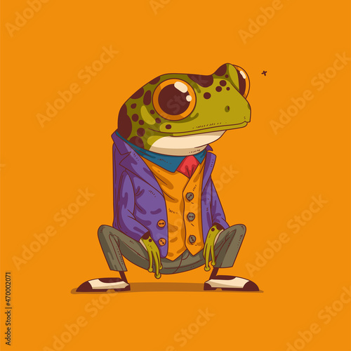 Sketch drawn vector illustration of humanized frog. Anthropomorphic frog. Trendy animal character with human body. A frog wearing an elegant costume sitting silently on his haunches and watching a fly
