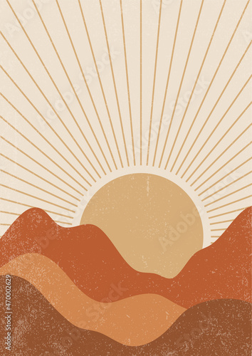 Abstract contemporary aesthetic background with sunset landscape. Earth tones, burnt orange, terracotta colors. Boho wall decor. Mid century modern minimalist art print.