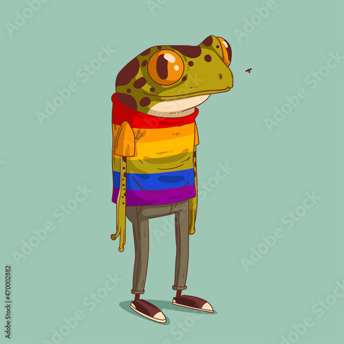 Sketch drawn vector illustration of humanized frog. Anthropomorphic frog. Trendy animal character with human body. Standing frog wearing a pride colored t-shirt, jeans and sneakers watching a fly