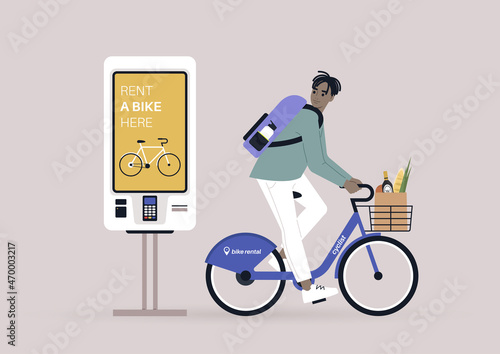 Young male African character riding a rental city bike, a self-service rent digital display