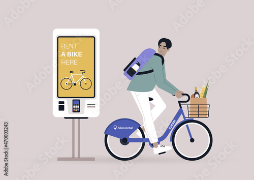 Young male Asian character riding a rental city bike, a self-service rent digital display