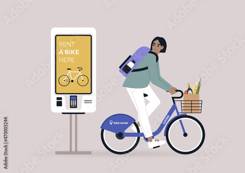 Young female Caucasian character riding a rental city bike, a self-service rent digital display