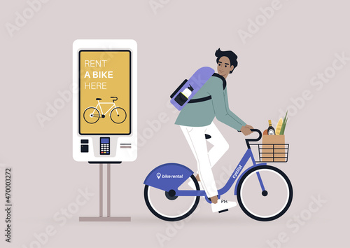 Young male Caucasian character riding a rental city bike, a self-service rent digital display