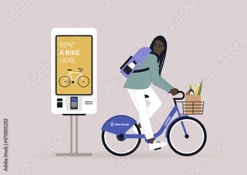 Young female African character riding a rental city bike, a self-service rent digital display