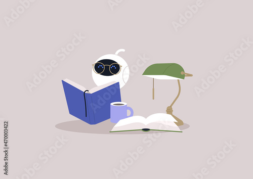 A cute white robot reading a book in the library, machine learning, artificial intelligence