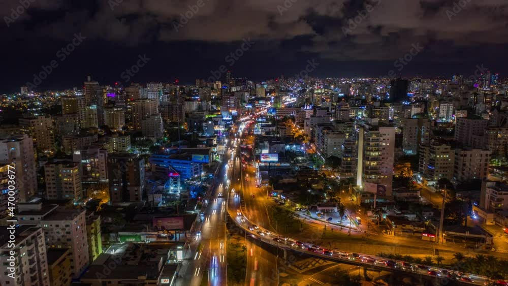 Hyperlapse timelapse of Santo Domingo illuminated at night. Aerial forward Hyperlapse timelapse of Santo Domingo illuminated at night. Aerial forward
