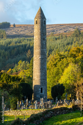 Ancient tower and cemetry in the Wicklow mountains in Ireland.