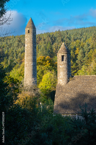 Glendalough Round towers, built of mica-slate interspersed with granite .