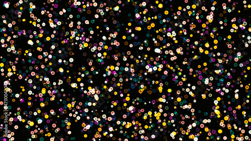 christmas background of multicolored round confetti lights on a black background