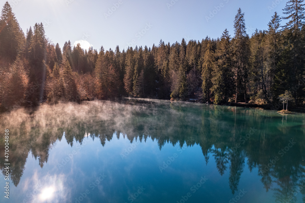 Aerial View of Crestasee Lake in Switzerland in the Fall