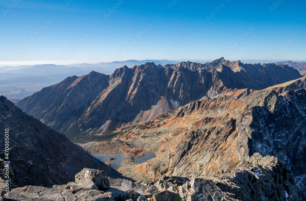 High Tatras - Slovakia - The the look to Zabie plesa lakes with the Satan and Krivan peaks in the background from Rysy peak.