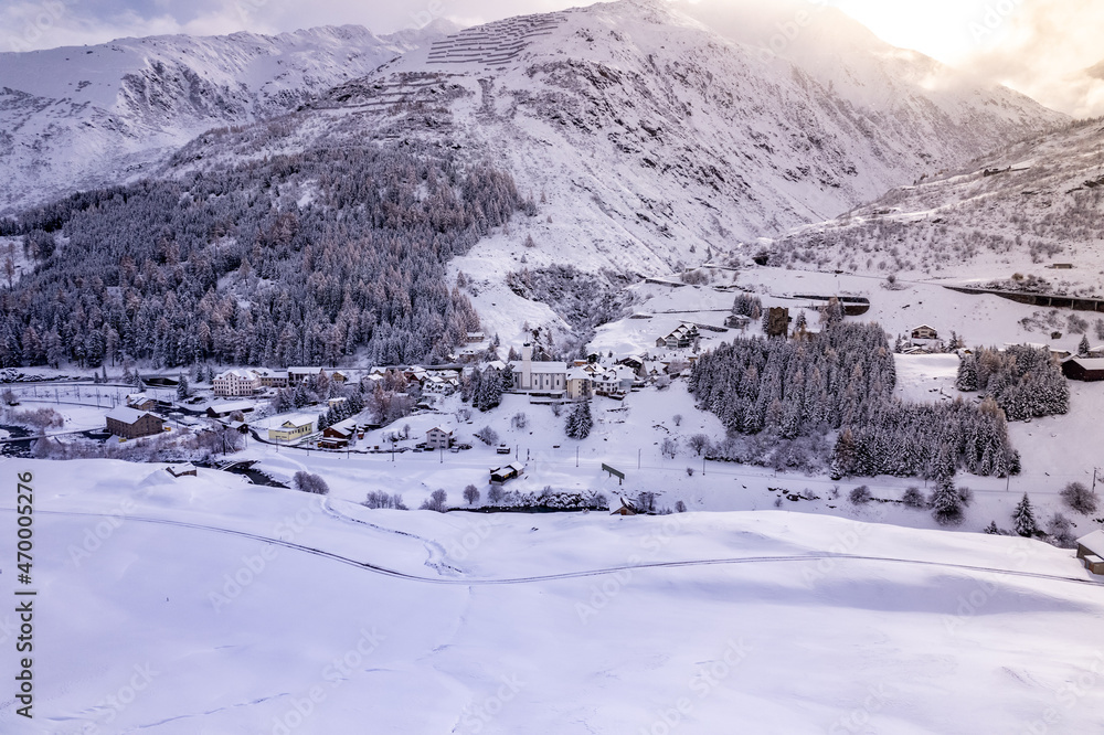 Snow Covered Hospental Village in Switzerland in the Winter
