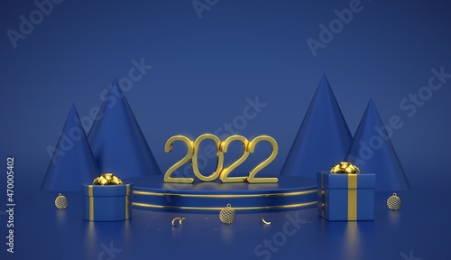 Happy New 2022 Year. 3D Golden metallic numbers 2022 with gift boxes and balls on stage podium. Scene, 3D round platform with gold circle and cone shape pine or spruce trees on blue background. Vector