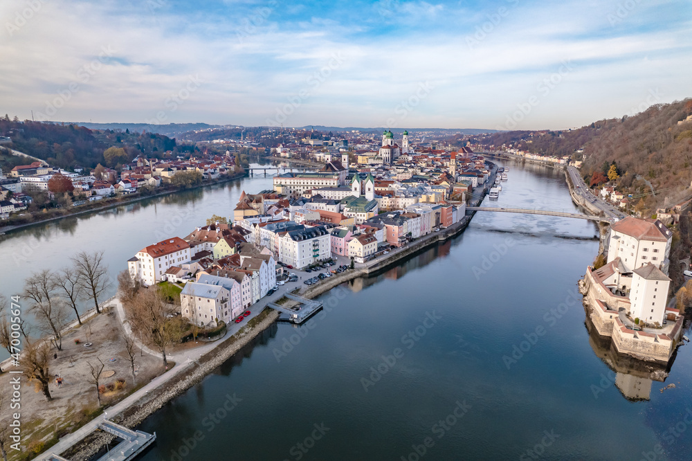 Passau City in Germany on the River Danube Aerial View