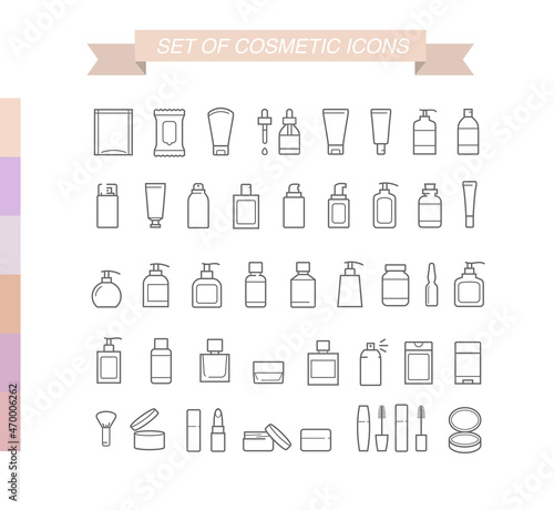 Set of editable outline icons. A set of icons for cosmetics packages. Сan be used for cosmetic, medical and other needs. Ideal for use in e-commerce, mobile, packaging and etc. EPS10.	