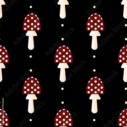 Art Vector pattern amanita mushroom forest poisonous with dots on a black background