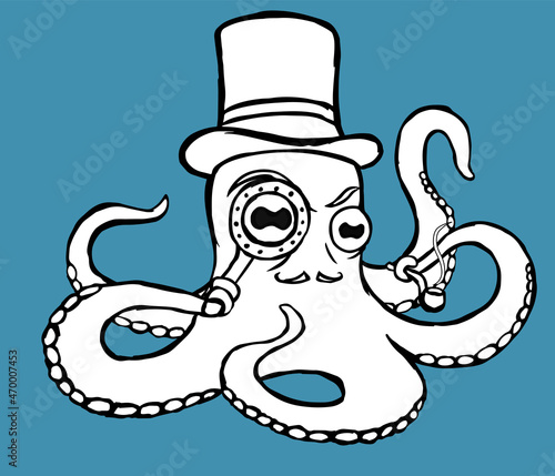 An octopus with a mustache in a top hat with a magnifying glass and a smoking pipe in its tentacles. Black and white vector illustration.