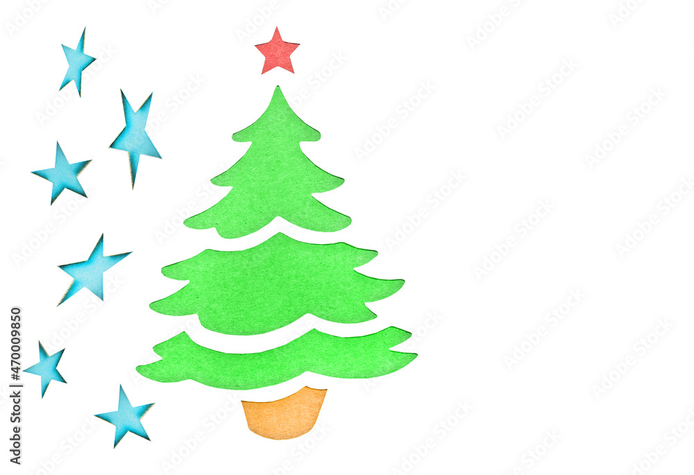 Fototapeta premium Paper-cut Christmas tree and stars for a Christmas card